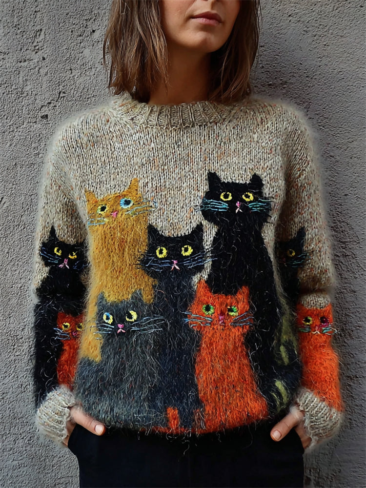 Vintage Halloween Cats Fuzzy Cozy Knit Sweater artswardrobe