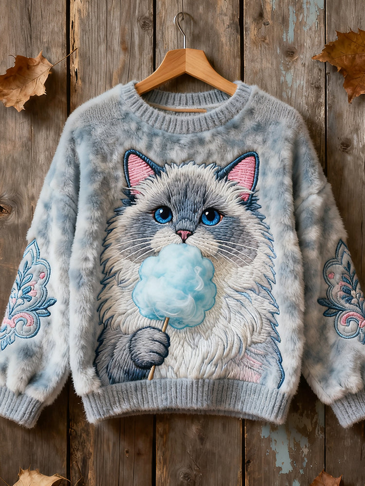 Cute Cat Eating Cotton Candy In A Flannel Crewneck Sweatshirt elevenforest