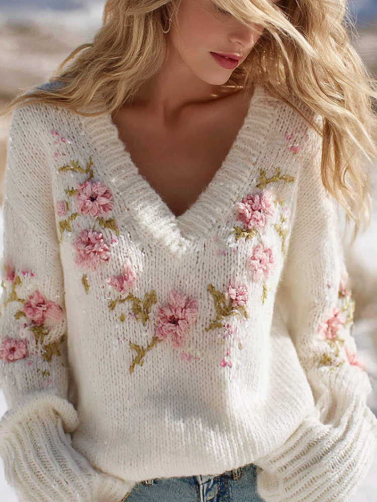 Bohemian Style Floral Embroidery Women's V-neck Knitted Sweater artswardrobe