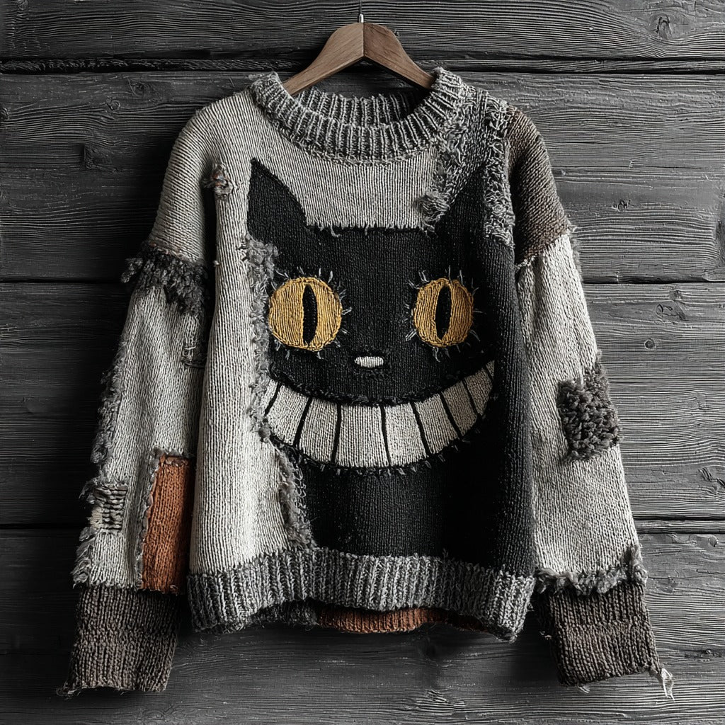 Unisex Halloween Black Cat Smile Face Contrast Stitched Cozy Knit Sweater elevenforest