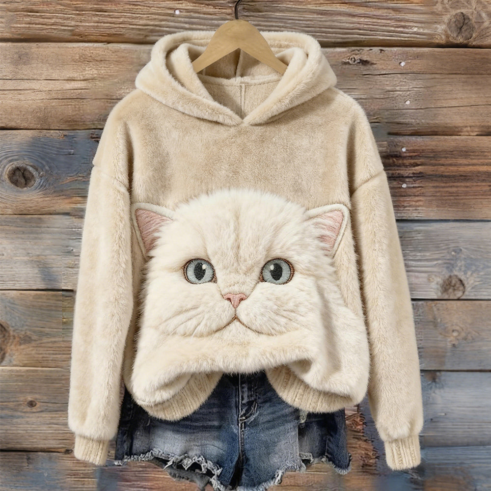 Cute Fuzzy Cat Embroidered Cozy Plush Hoodie elevenforest