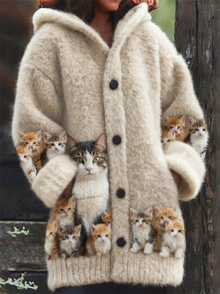 Lovely Fuzzy Cat Family Cozy Hooded Cardigan elevenforest