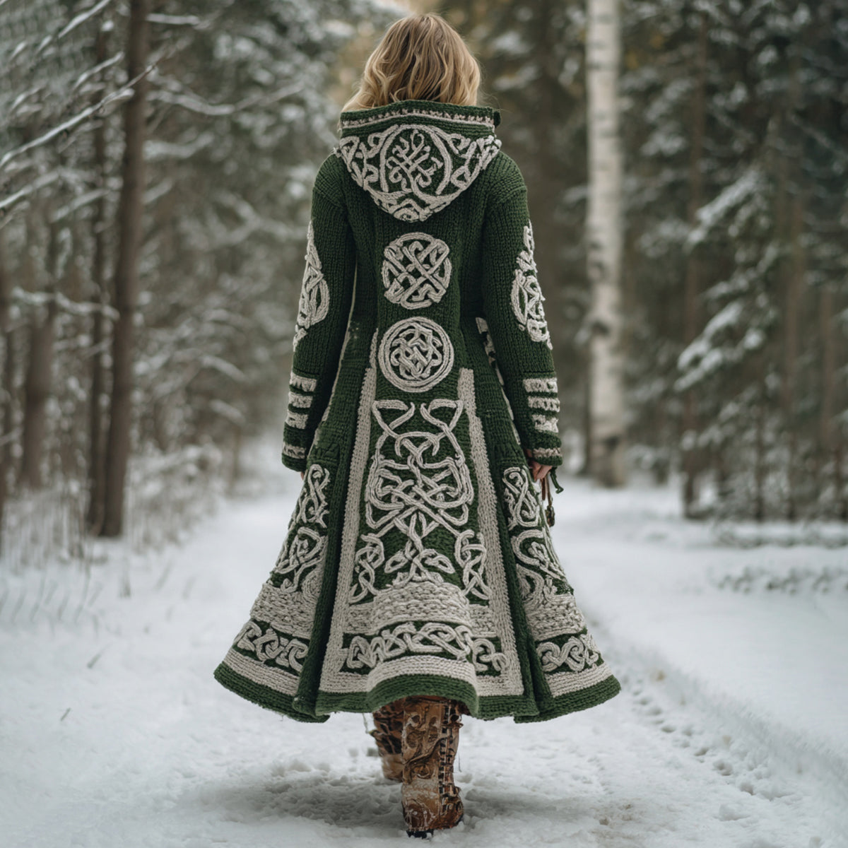 Women's Viking Celtic Knot Pattern Knit Hooded Long Sweater Coat artswardrobe