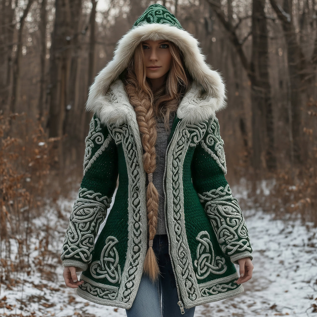 Women's Vintage Celtic Knot Knitted Print Fur Collar Zipper Sweater Jacket artswardrobe