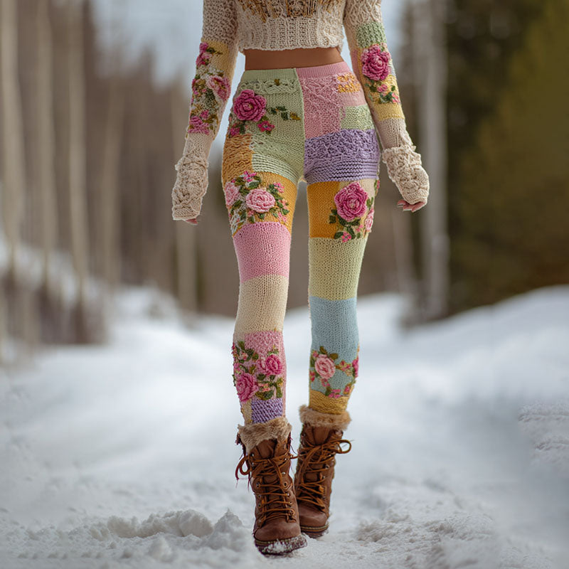Women's Vintage Floral Patchwork Cozy Knit Leggings artswardrobe