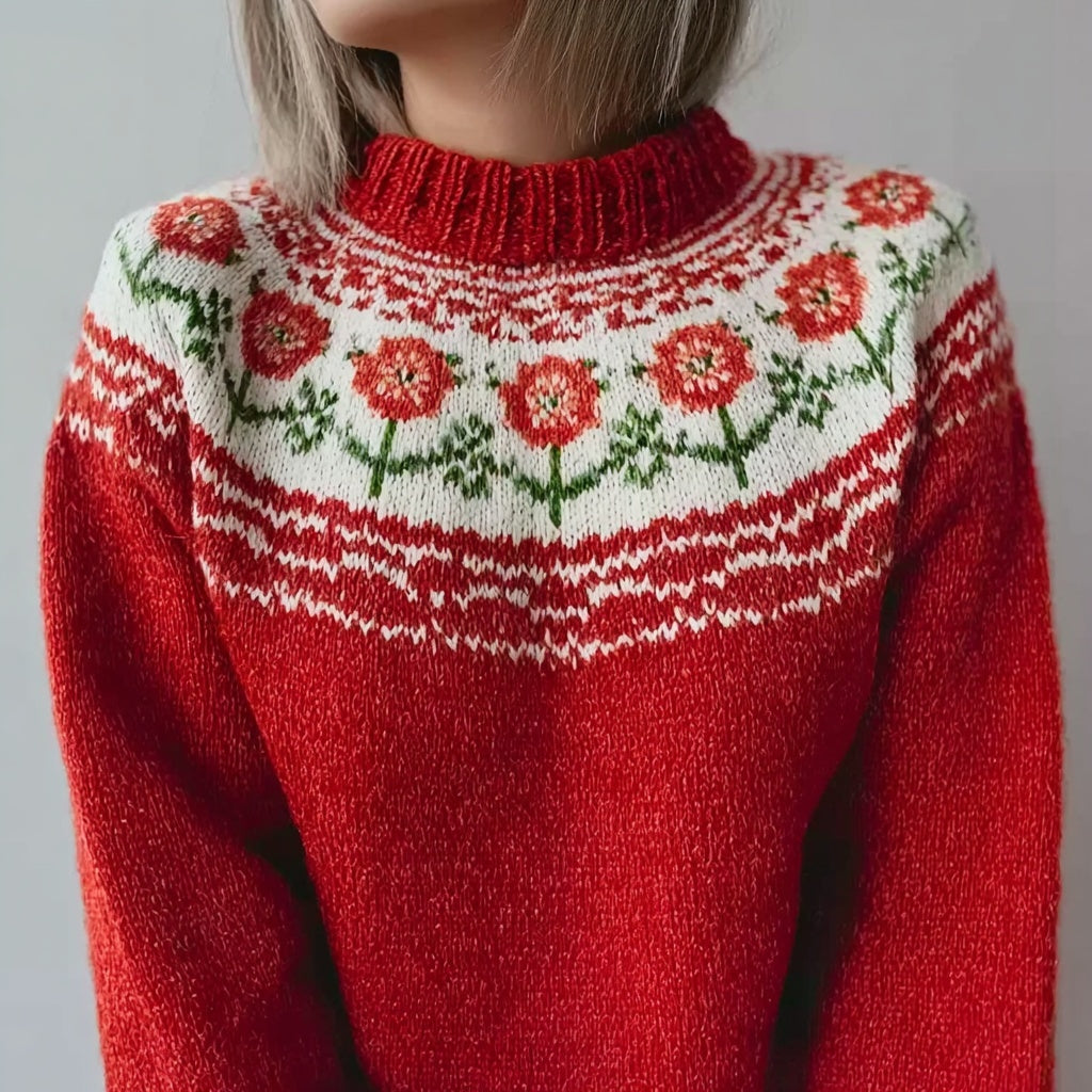 Vintage Floral Fair Isle Pattern Cozy Knit Sweater artswardrobe