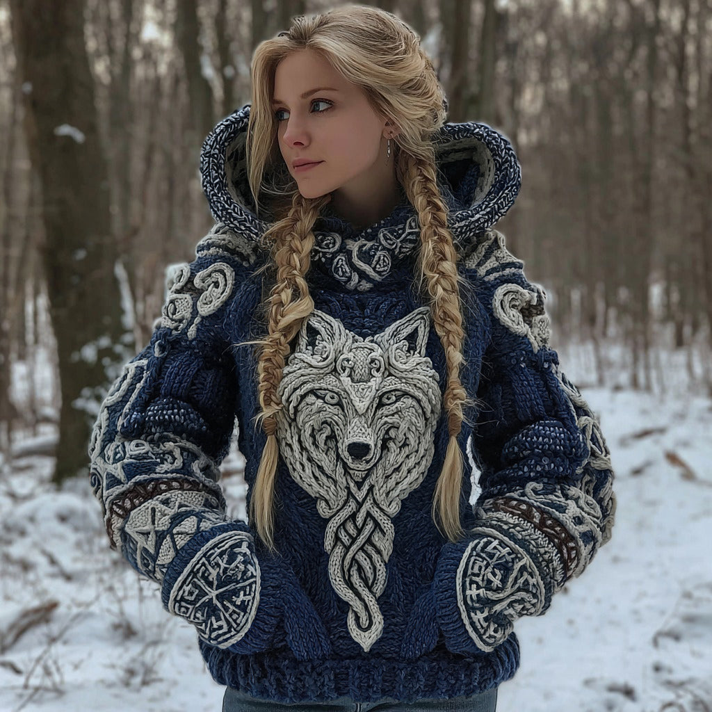 Women's Vintage Viking Wolf Art Knit Hooded Sweater artswardrobe
