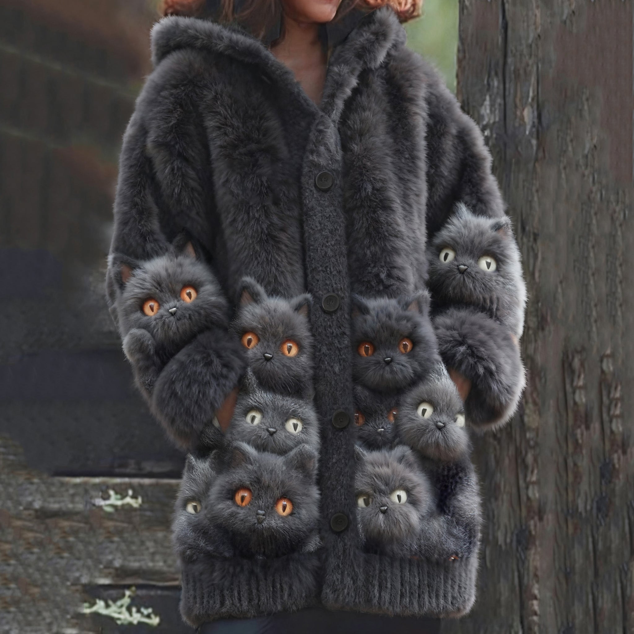 Vintage Cute Cat Art Cozy Knit Hooded Cardigan elevenforest