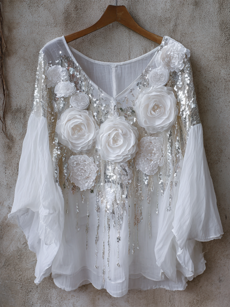 Bohemian Style Woman's V-neck White Rose Short-sleeved Shirt artswardrobe