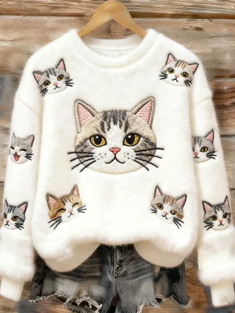 Cute Cat With Many Expressions Flannel Round Neck Sweater elevenforest