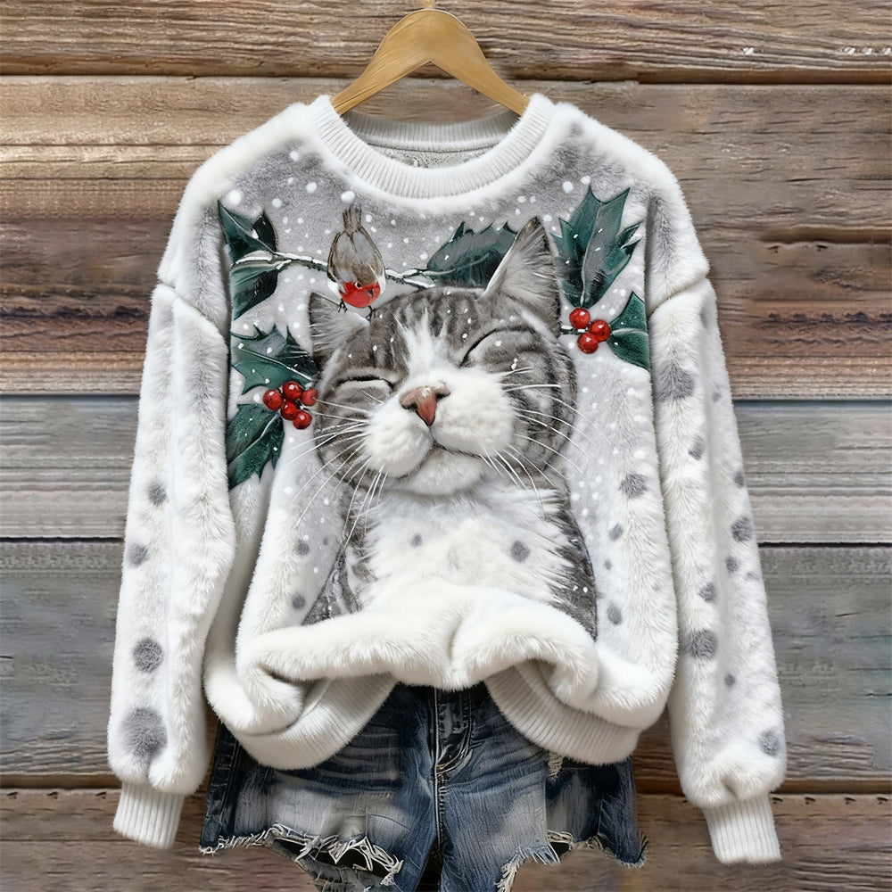 Christmas Cat & Holly Lady Flannel Sweater elevenforest