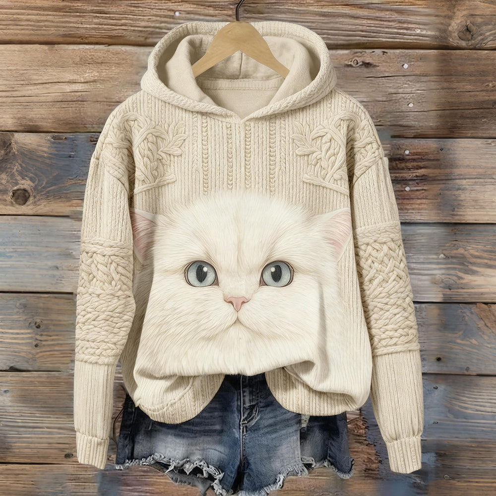 Cute Fuzzy Cat Art Knit Pattern Vintage Cozy Hoodie elevenforest