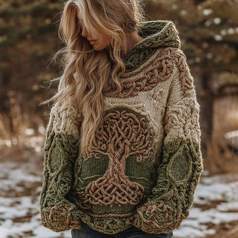Women's Vintage Tree Of Life Celtic Knot Gradient Pattern Cozy Knit Hooded Sweater artswardrobe