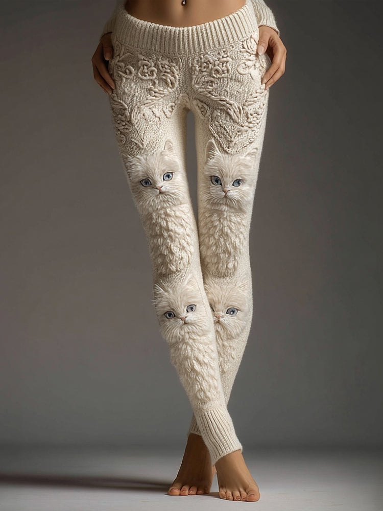 Cute Fuzzy Cats Embroidered Cozy Knit Leggings elevenforest