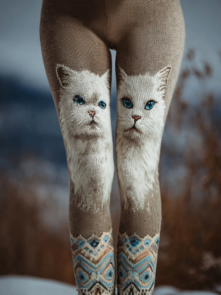 Cute Cats Art Pattern Vintage Cozy Knit Leggings elevenforest