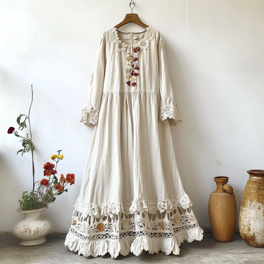 Vintage Lace Flowers Art Linen Maxi Dress artswardrobe