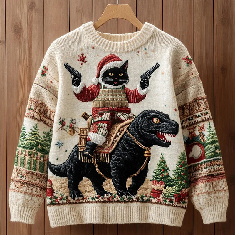 Men's Black Cat Warrior Dinosaur Christmas Print Knit Sweater elevenforest