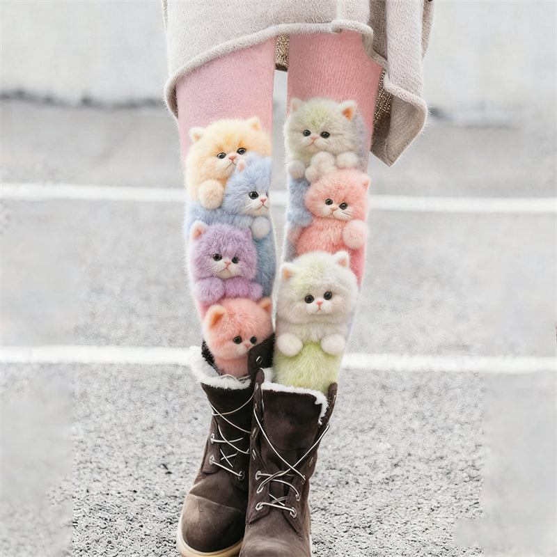 Lovely Colorful Fluffy Cats Cozy Knit Leggings elevenforest