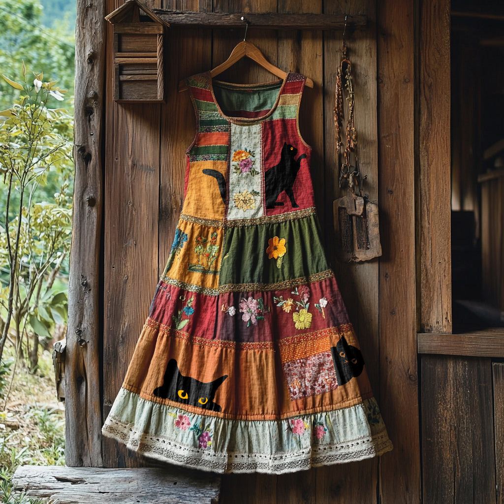 Comstylish Vintage Black Cat And Floral Linen Tank Dress