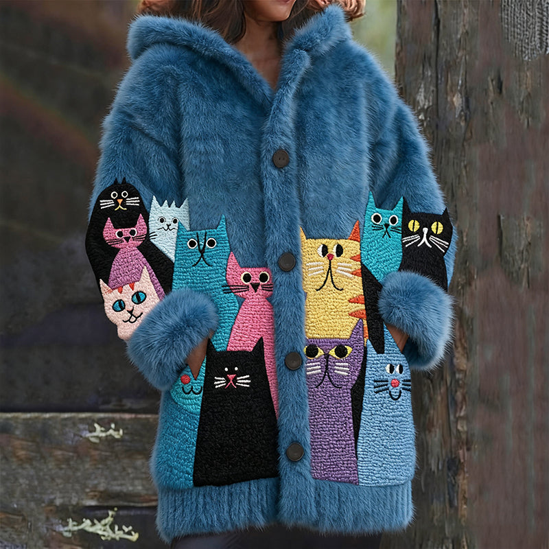 Retro Cute Cats Cats Art Cozy Knit Hooded Cardigan elevenforest