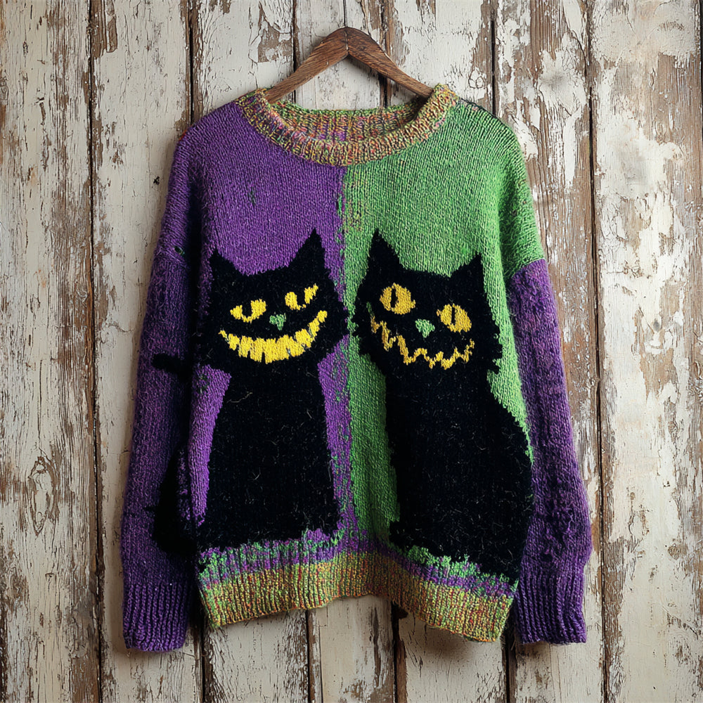 Halloween Black Cat Color Blocking Women's Knitted Sweater elevenforest
