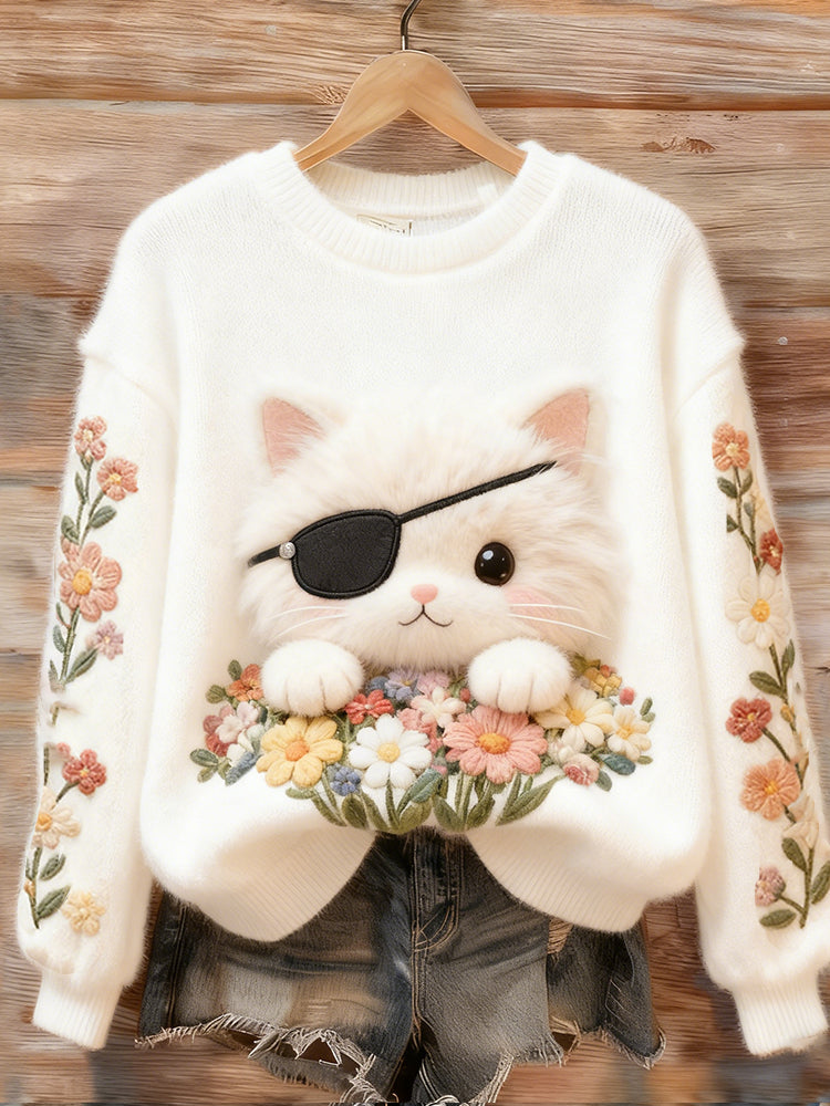 Eye Mask Cat Floral Flannel Crewneck Sweatshirt elevenforest