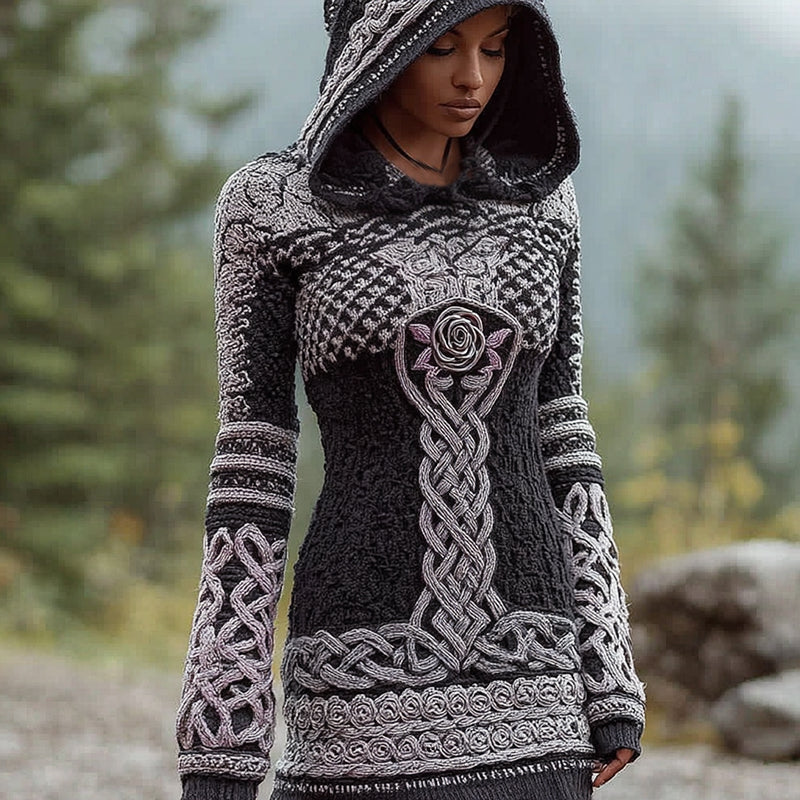 Women's Viking Celtic Knot Art Cozy Knit Mini Hooded Sweater Dress artswardrobe