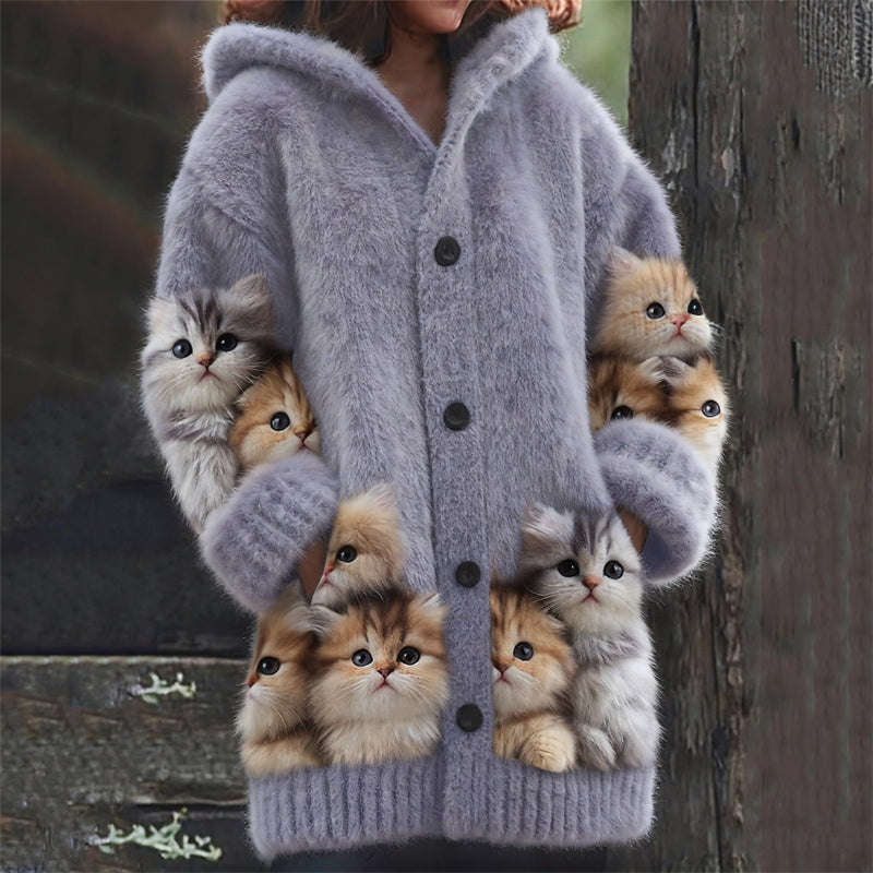 Lovely Fuzzy Cats Art Cozy Knit Hooded Cardigan elevenforest