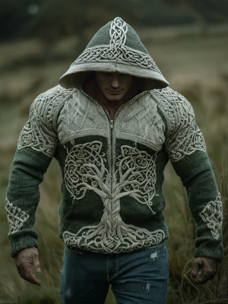 Men's Viking Style Tree Of Life Celtic Knot Retro Hooded Cardigan Sweater artswardrobe