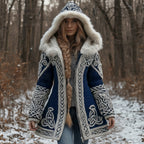 Women's Vintage Celtic Knot Knitted Print Fur Collar Zipper Sweater Jacket artswardrobe