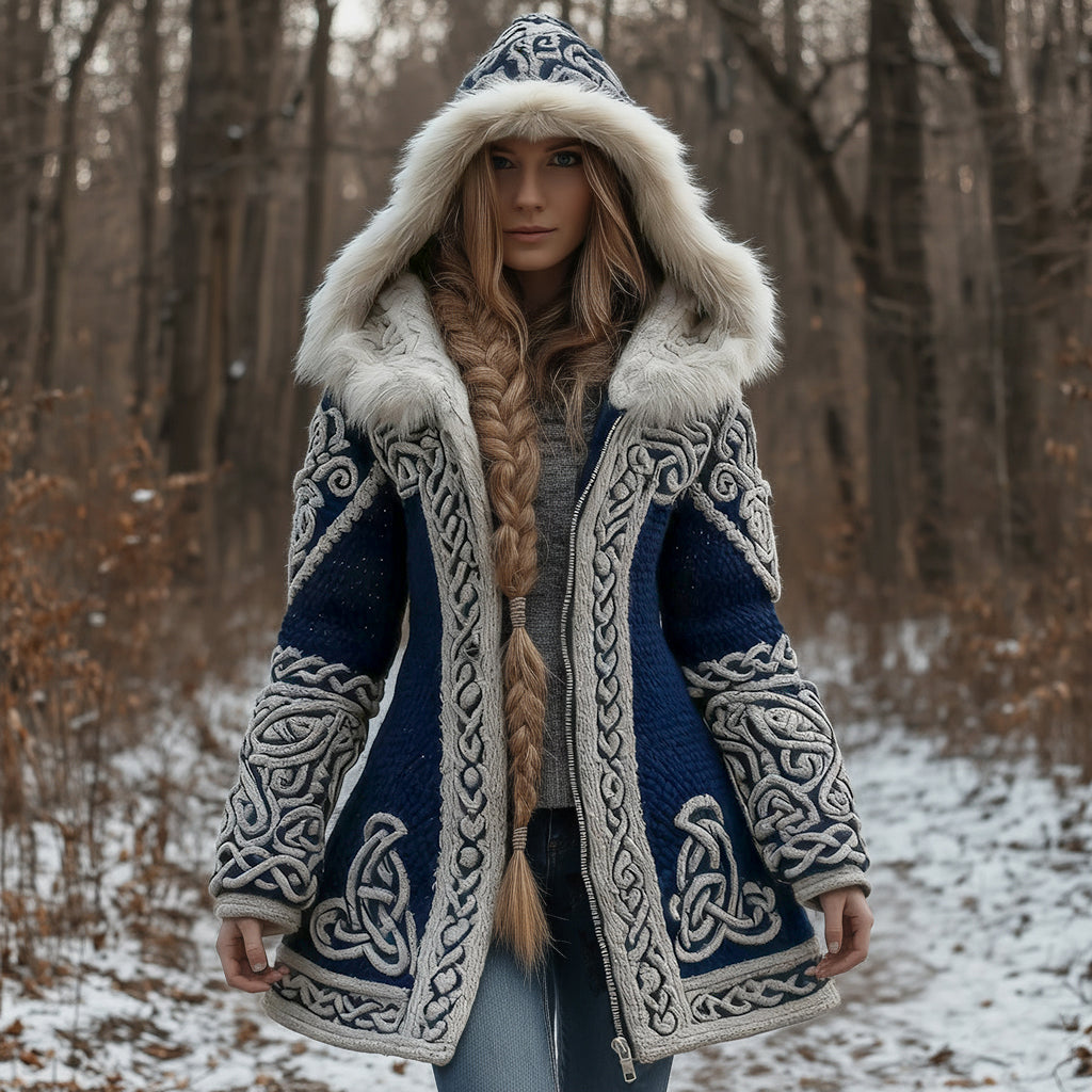 Women's Vintage Celtic Knot Knitted Print Fur Collar Zipper Sweater Jacket artswardrobe