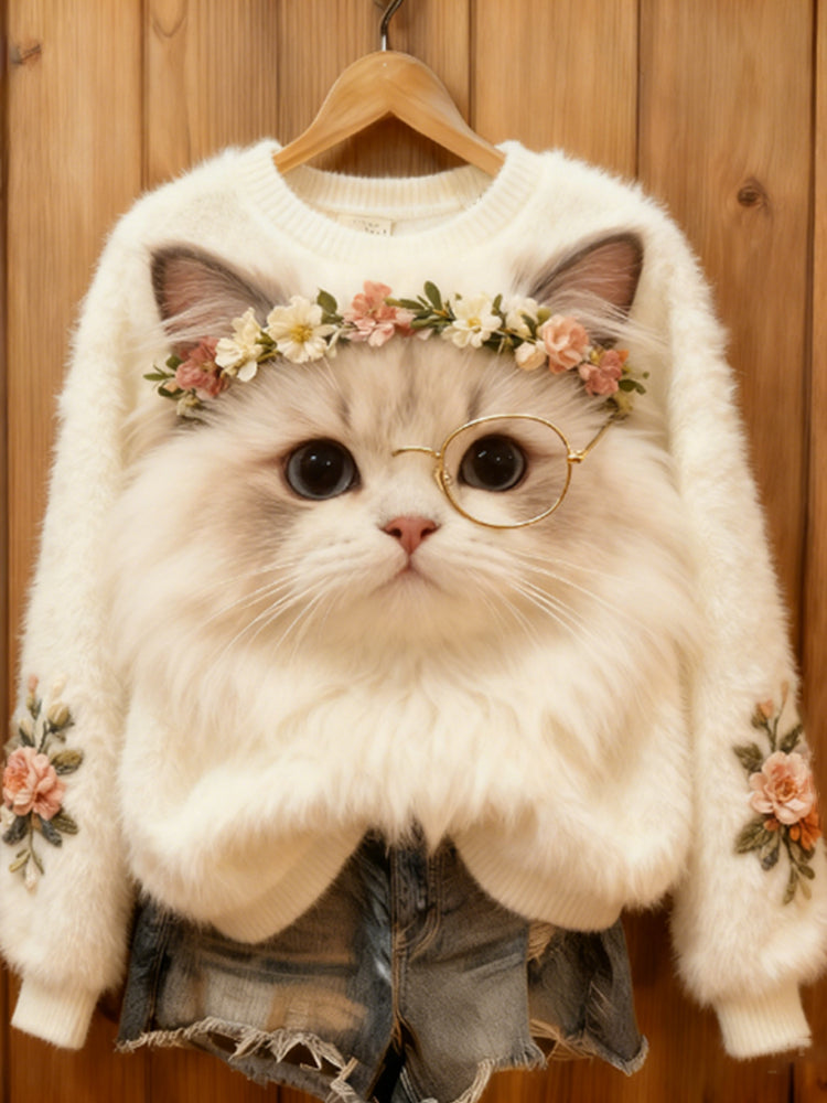 Flower Wreath Cute Cat Flannel Round Neck Sweatshirt elevenforest