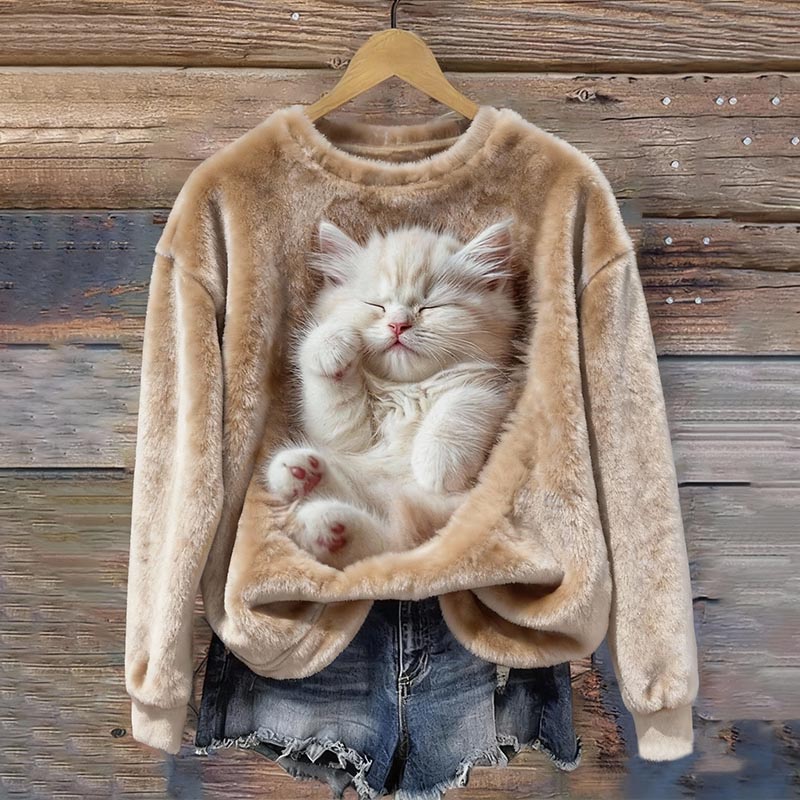 Women's Cute Cat Crew Neck Cozy Flannel Sweatshirt elevenforest