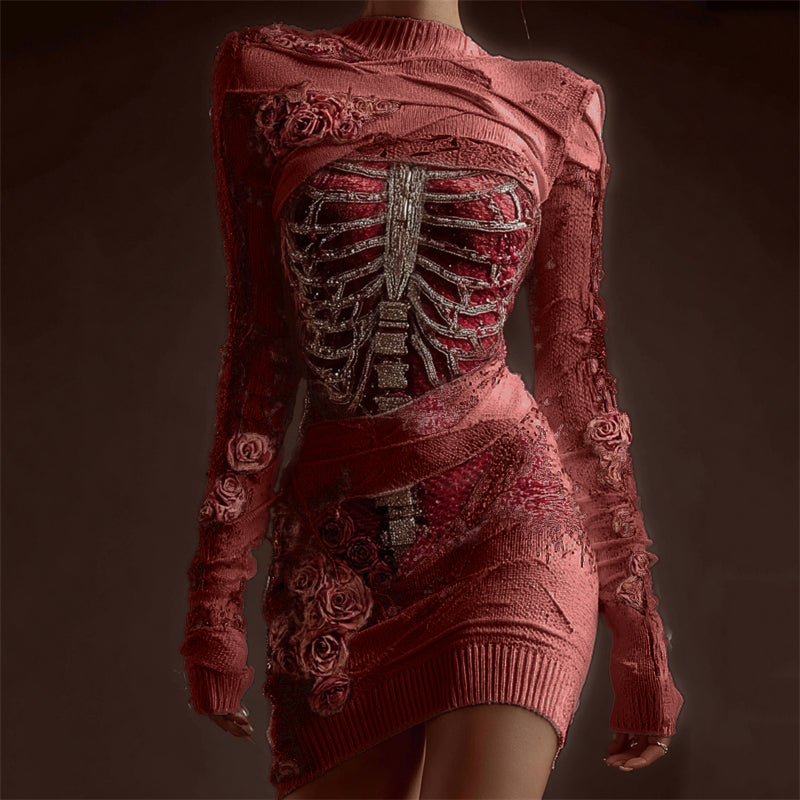 Classy Skeleton Anatomy Bloody Roses Bandages Knit Sweater Dress artswardrobe