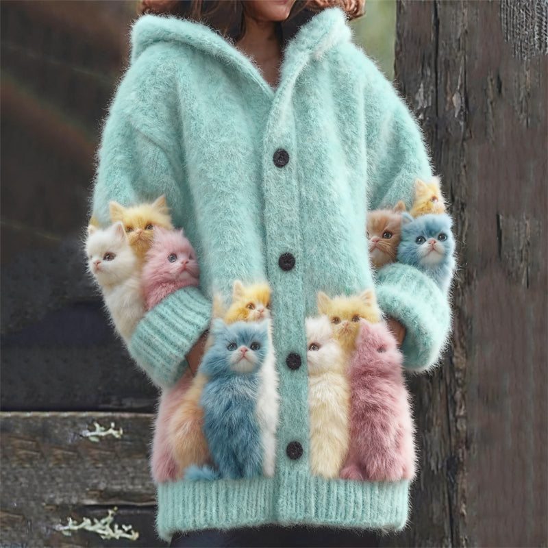 Lovely Colorful Fuzzy Cats Cozy Hooded Cardigan elevenforest