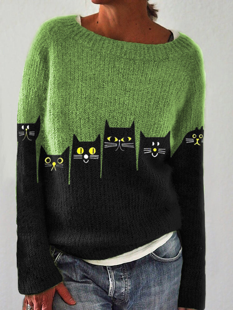 Black Cat Pattern Cozy Knit Sweater elevenforest