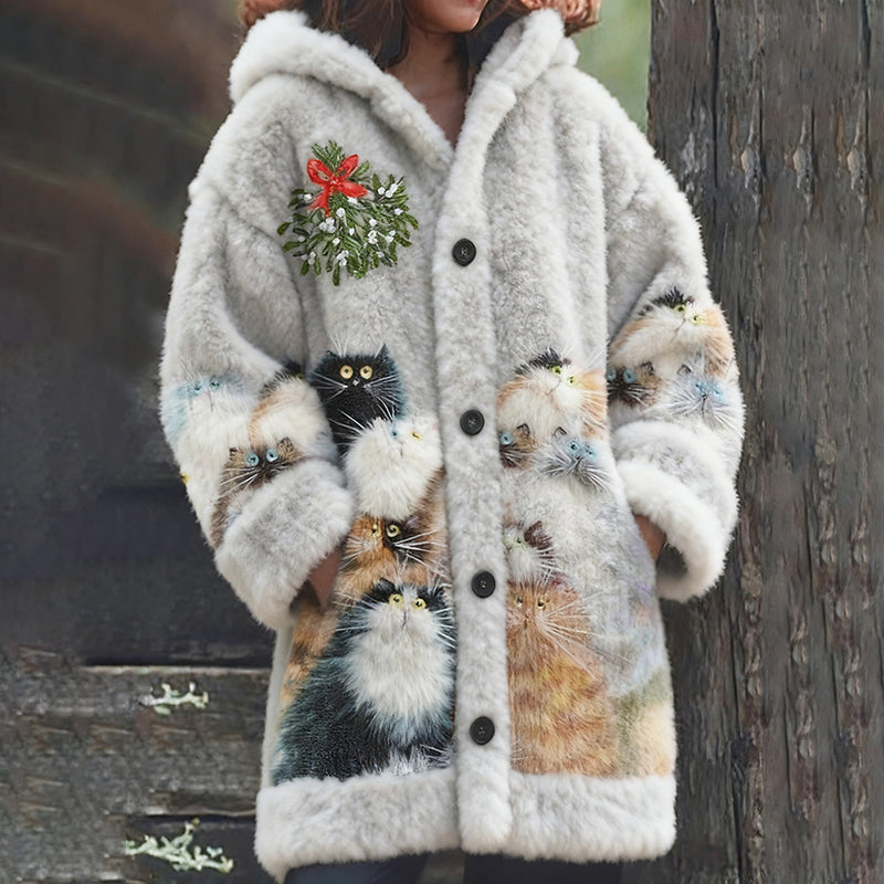 Women's Cat Art Cozy Knit Hooded Sweater Cardigan elevenforest