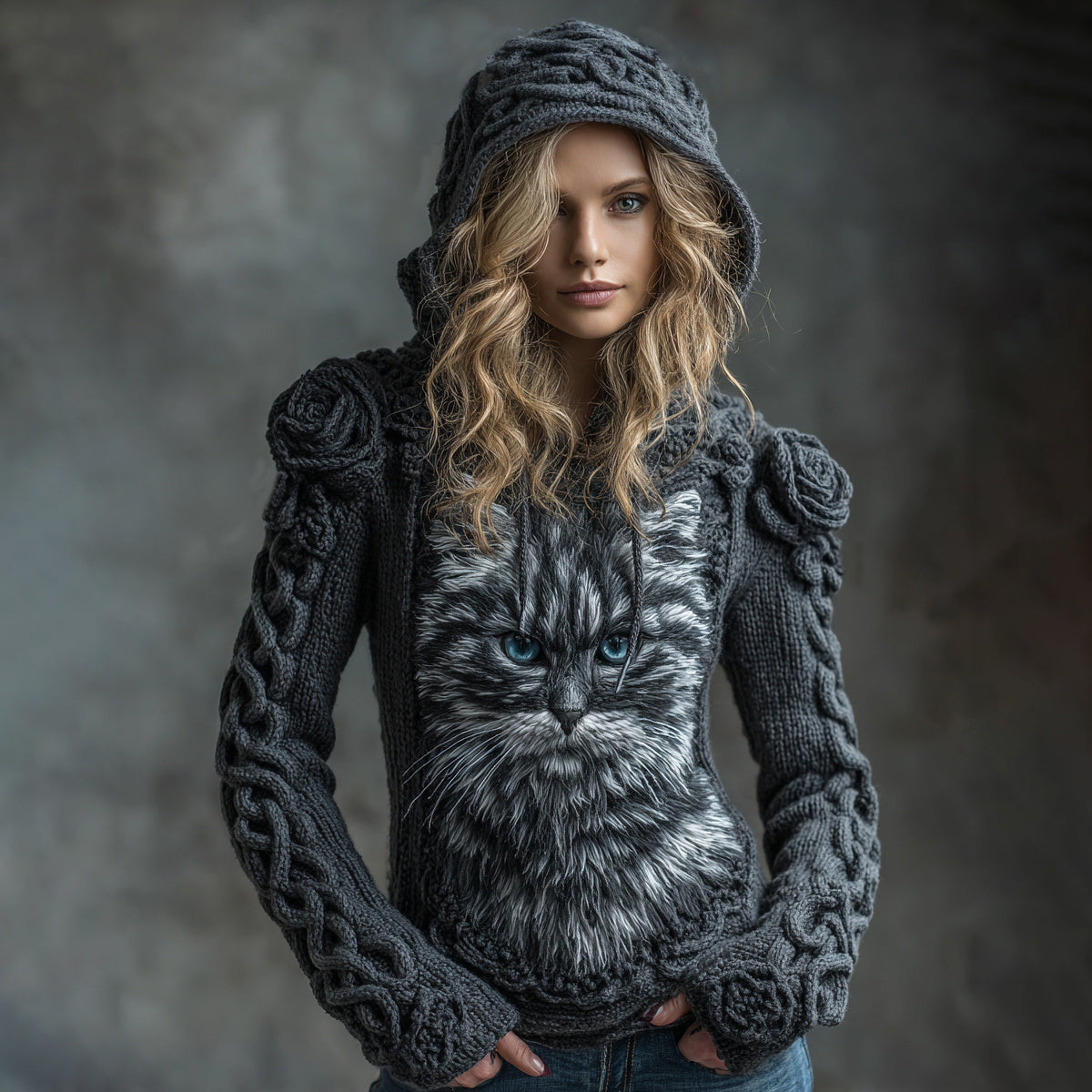 Women's Vintage Cute Cat  With Rose Art Knitted Warm Hooded Sweater elevenforest