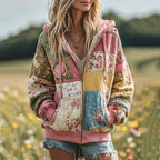 Women's Vintage Floral Patchwork Cozy Warm Zipper Hoodie artswardrobe