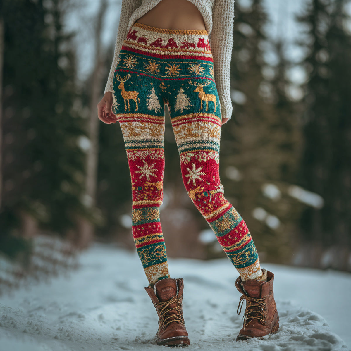 Women's Christmas Elk Fairman Island Printed Sports Stretch Leggings artswardrobe