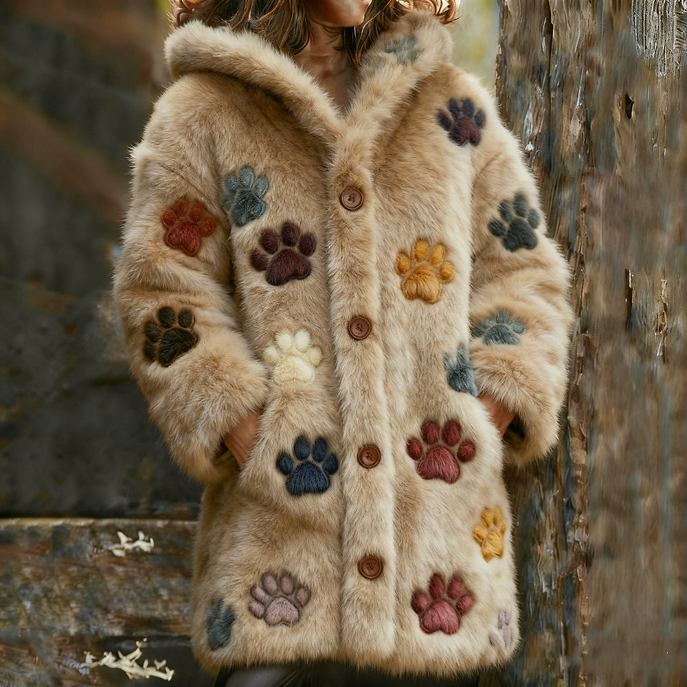 Multi-colored Cat Paw Print Flannel Hooded Long Cardigan elevenforest