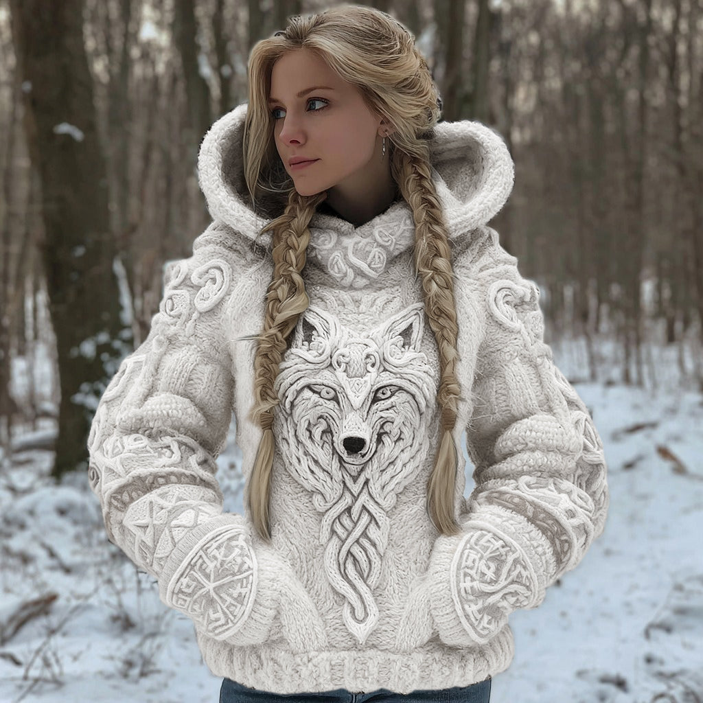 Women's Vintage Viking Wolf Art Knit Hooded Sweater artswardrobe