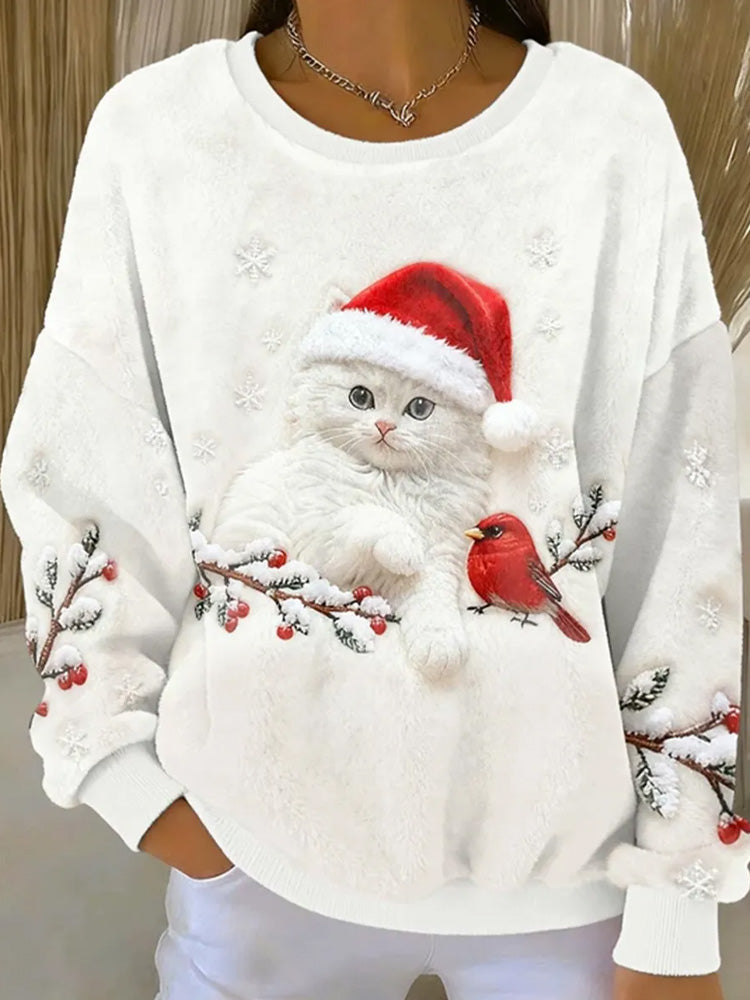 Women's Cute Christmas Cat Art Print Casual Flannel Hoodie elevenforest