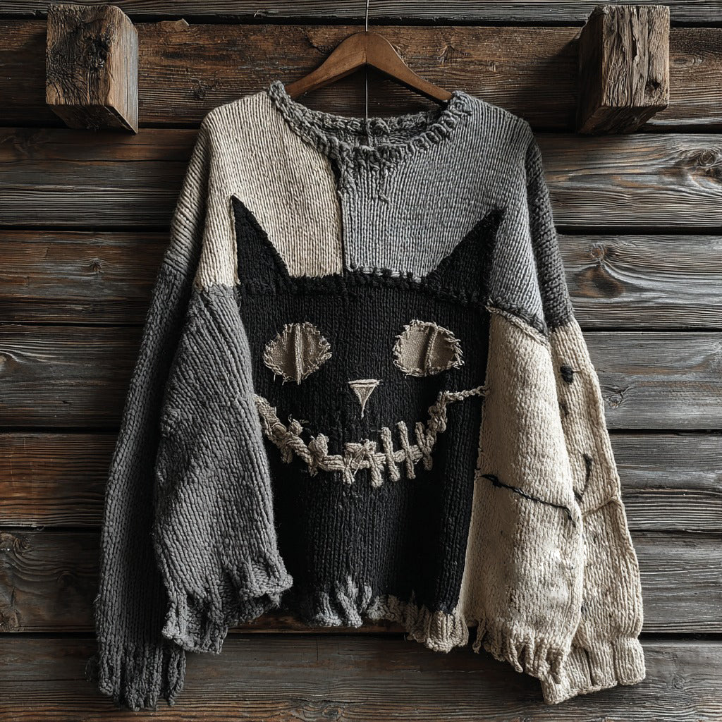 Halloween Black Cat Spooky Face Contrast Stitched Cozy Knit Sweater elevenforest