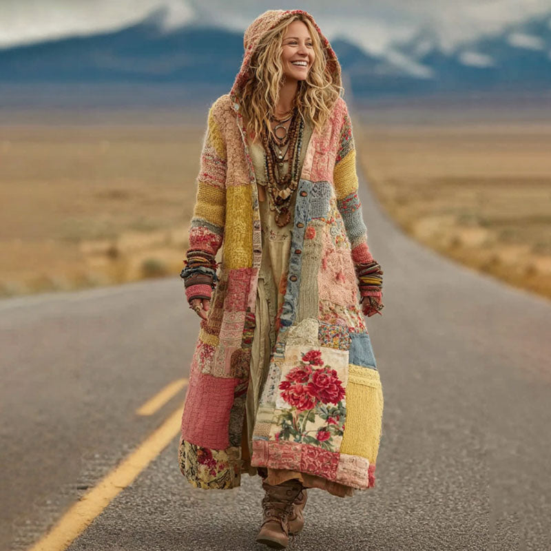 Women's Vintage Patchwork Floral Art Cozy Knit Hooded Long Cardigan artswardrobe