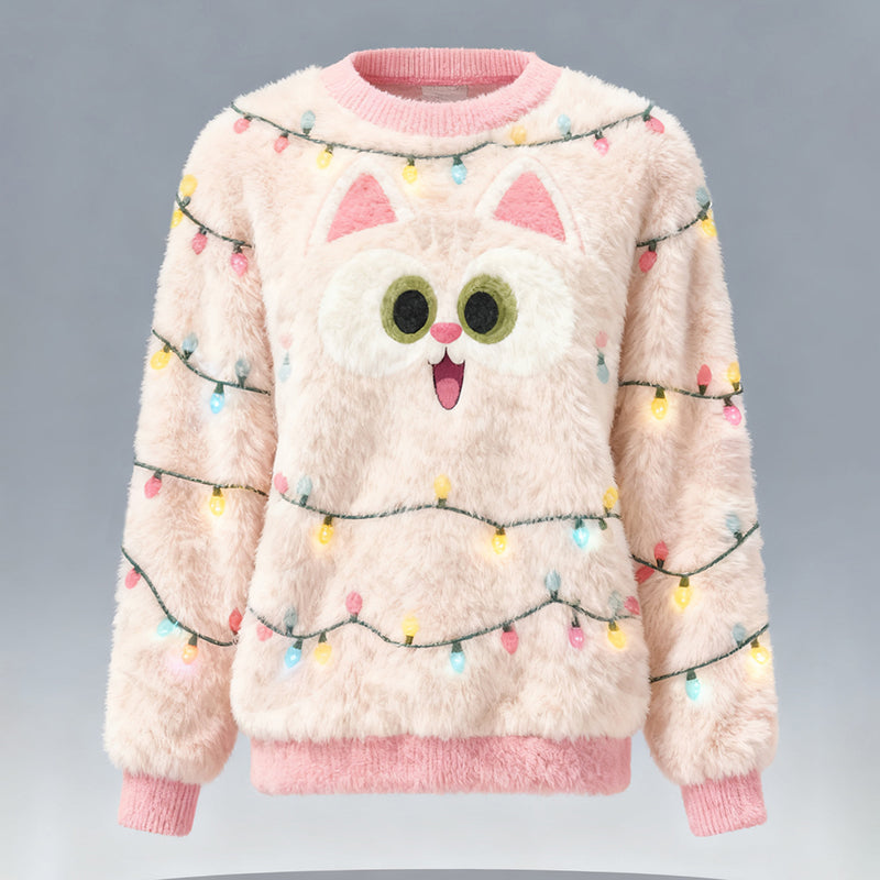 Women's Fun Christmas Cat Comfortable Plush Crew Neck Sweatshirt elevenforest