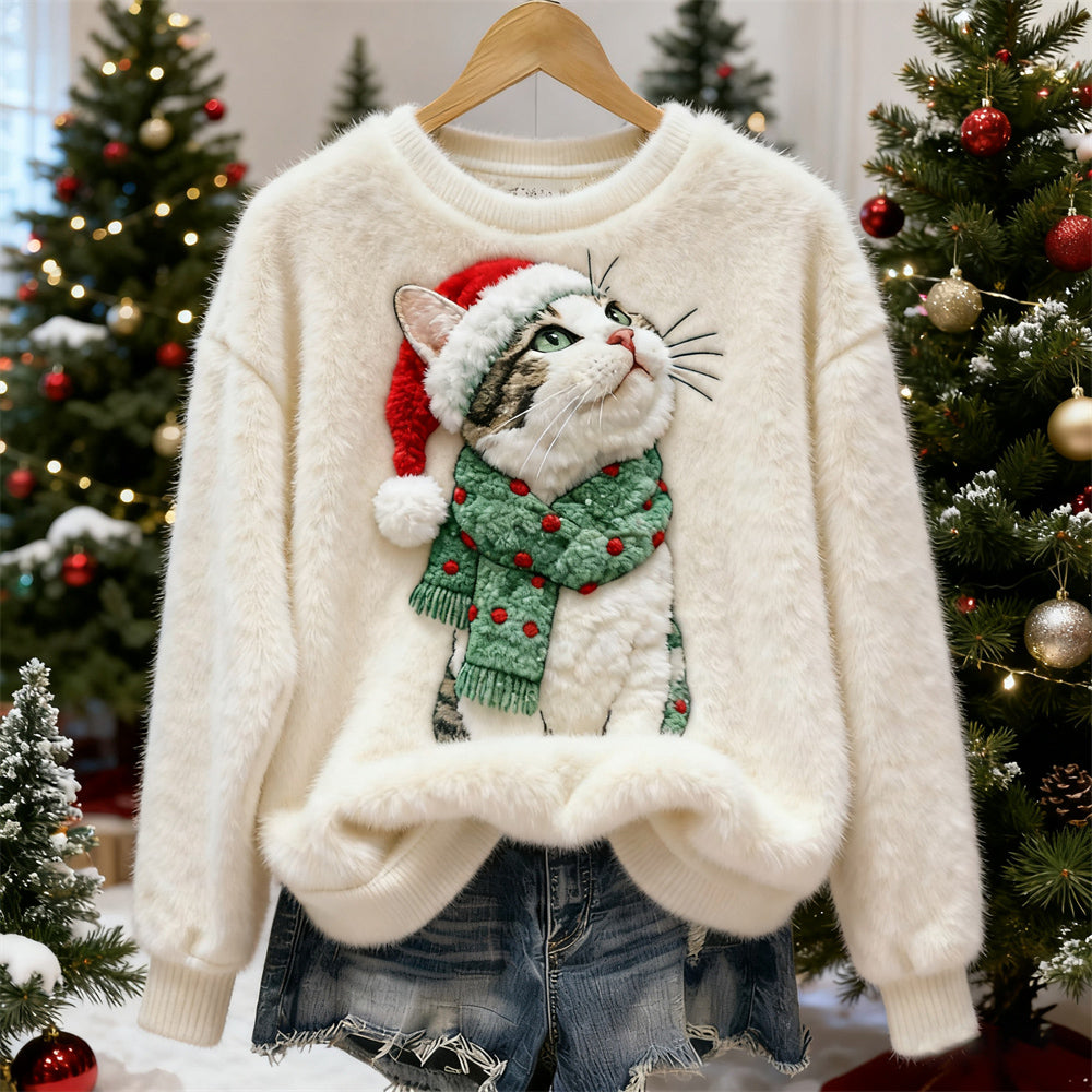 Christmas 3d Plush Cat Women's Fleece Sweater elevenforest