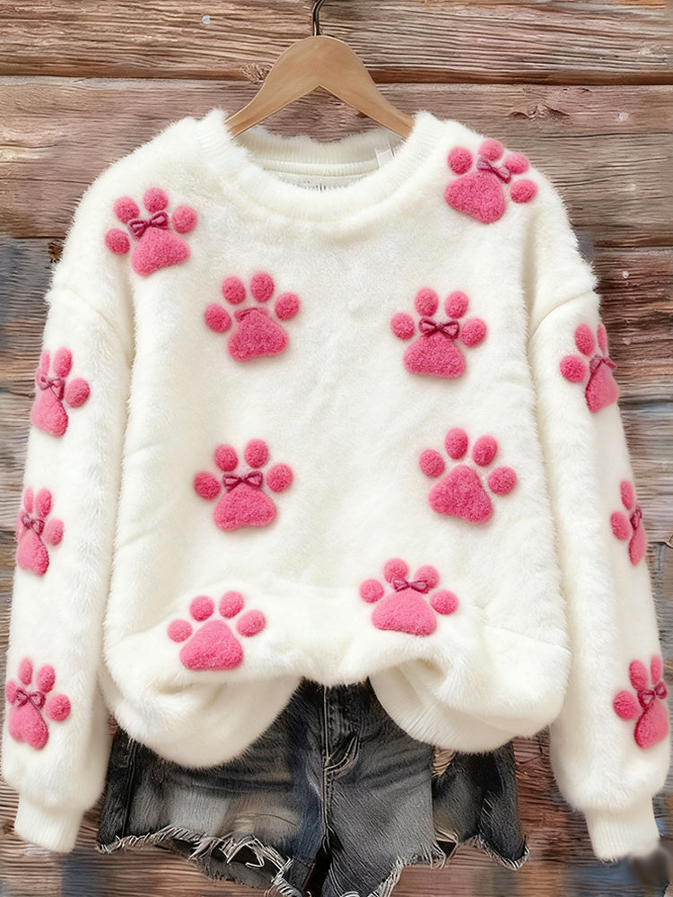 Pink Cat Paw Print Flannel Crew Neck Sweatshirt elevenforest