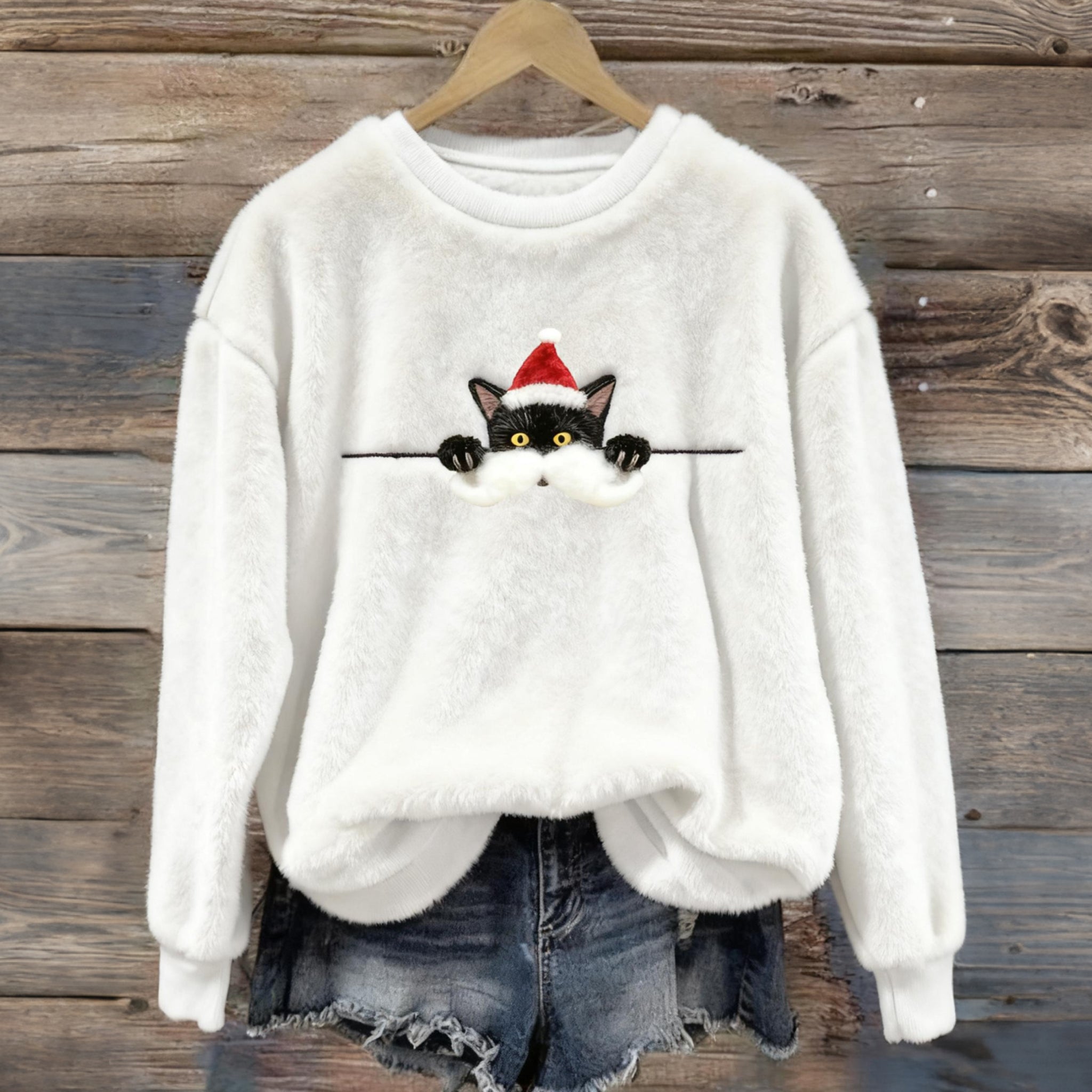 Women's Fun Christmas Black Cat Art Cozy Flannel Sweatshirt elevenforest