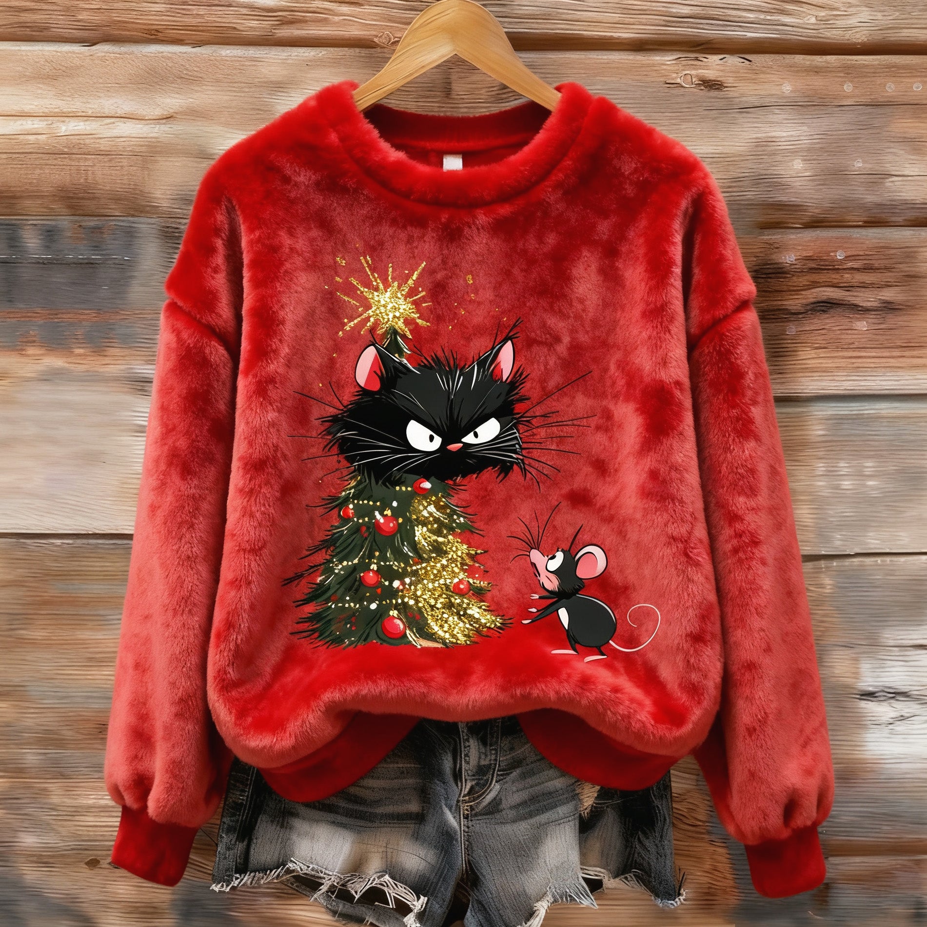 Women's Fun Christmas Tree Cat Plush Sweater elevenforest